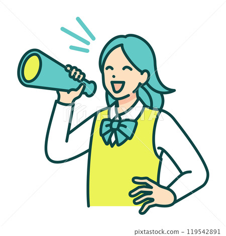 A woman in a school uniform cheers with a megaphone. Vector illustration of a girl cheering. A woman in a school uniform cheers with a megaphone. Vector illustration of a girl cheering. 119542891