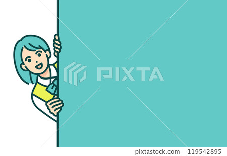 A girl in a school uniform peers in. Vector illustration of a high school girl peeking out from behind a wall. 119542895