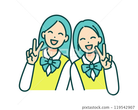 A high school girl making a peace sign. Vector illustration of a girl smiling cheerfully with her classmates. 119542907