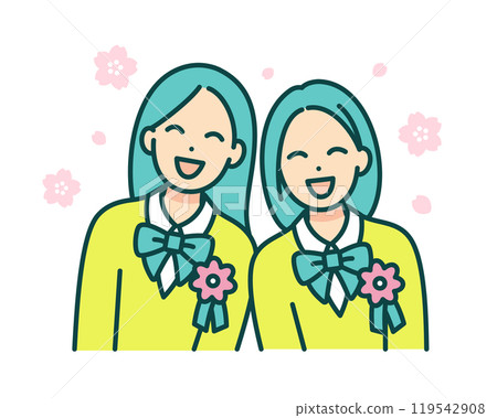 A girl attending the entrance ceremony in April. Vector illustration of a high school girl wearing a corsage on her chest. 119542908