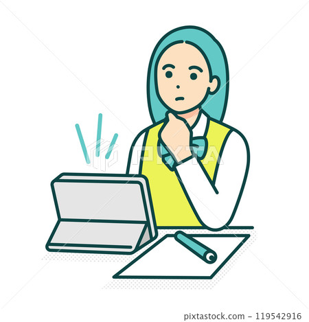 A girl thinking. An illustration of a high school girl in uniform studying on a tablet. A girl thinking. An illustration of a high school girl in uniform studying on a tablet. 119542916