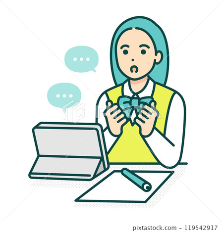 一名高中生坐在課桌前學習。向量圖的一個女孩在平板電腦上線上課程。 119542917