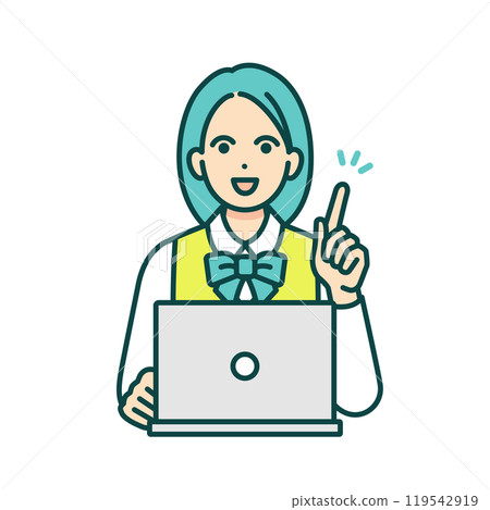 一個女孩指著。一名高中女生在學校使用筆記型電腦學習的向量材料。 一個女孩指著。一名高中女生在學校使用筆記型電腦學習的向量材料。 119542919