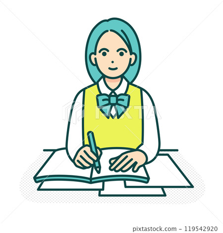 學校的課堂場景。一個女孩在做筆記。一名高中女生坐在書桌前學習的插圖。 學校的課堂場景。一個女孩在做筆記。一名高中女生坐在書桌前學習的插圖。 119542920
