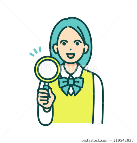 發現了什麼的女高中生。一個拿著放大鏡的女孩的向量圖素材。 119542923