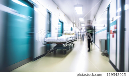 Blurred image of a hospital corridor with a patient in a stretcher 119542925