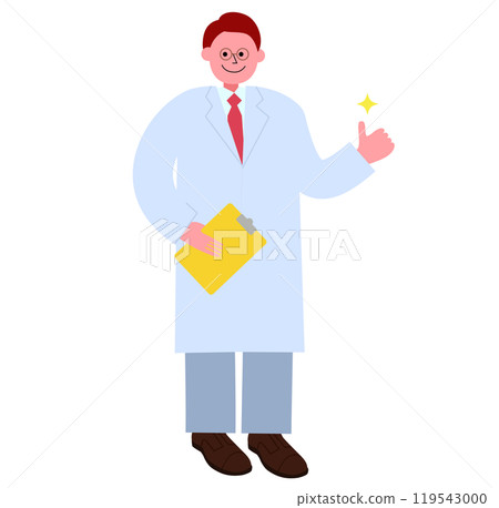 A full-body illustration of a man wearing glasses, a white coat and a tie, holding a binder (documents) and giving a thumbs up 119543000
