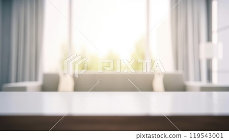 Front view of empty table in the living room in the morning with blurred background. Generative AI 119543001