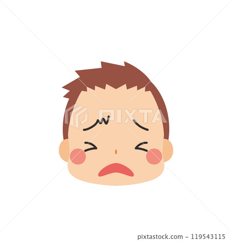 一個可愛的小男孩的表情符號插圖，帶有疲倦的臉圖標面部表情白色背景向量 119543115