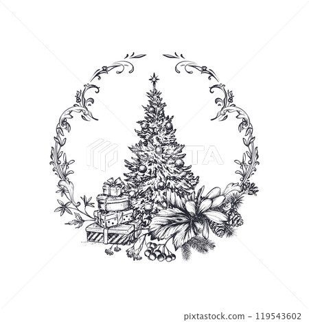 Vector pre-made greeting card with Christmas tree, winter plants, gifts in vintage style. 119543602