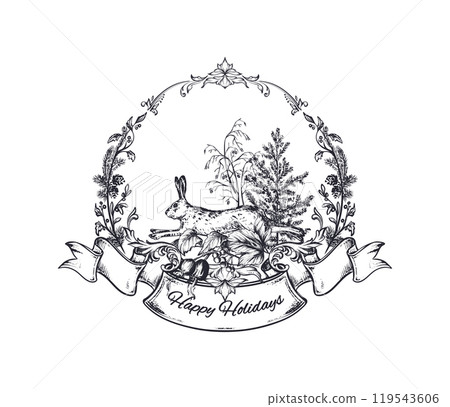 Vector pre-made Christmas greeting card with hare in winter forest in vintage style. 119543606