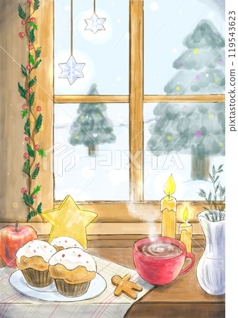 Hand-drawn cozy holiday season daytime window view (vertical) Hand-drawn cozy holiday season daytime window view (vertical) 119543623