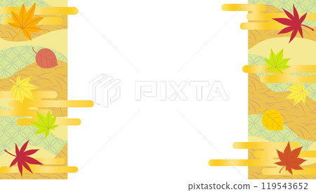 Background illustration material featuring autumn leaves and gold clouds on a Japanese pattern background Background illustration material featuring autumn leaves and gold clouds on a Japanese pattern background 119543652