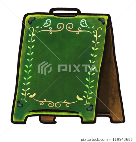 Folding floor blackboard with flower border decoration illustration, menu blackboard sign template design 119543695