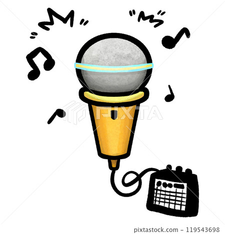 Cartoon microphone with music notes doodle illustration, black outline Cartoon microphone with music notes doodle illustration, black outline 119543698