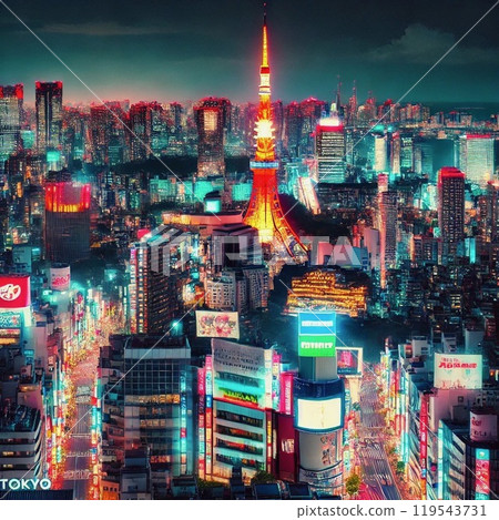 A vibrant urban night with Tokyo Tower and other buildings engulfed in the glowing neon lights 119543731