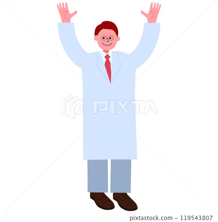 A full-body illustration of a man wearing glasses and a white coat raising his hands in a V-sign 119543807