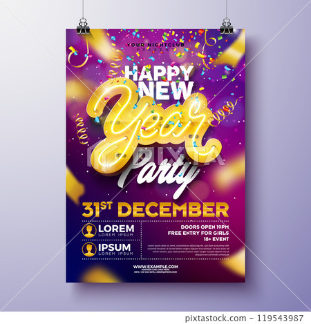 Happy New Year 2025 Party Celebration Poster Template Illustration with Glowing Neon Light Typography Lettering and Christmas Ball on Falling Confetti Background. Vector New Year Eve Holiday Flyer 119543987