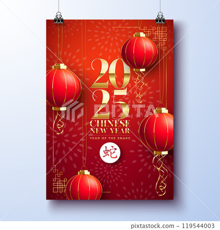 Happy Chinese New Year 2025 Poster with Snake Zodiac Sign and Paper Lantern on Red Scaly Pattern Background. Lunar New Year Traditional Design with Gold Chinese Language Snake Symbol for Flyer 119544003