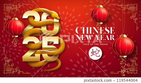 Happy Chinese New Year 2025 Banner with Snake Zodiac Sign and Paper Lantern on Red Scaly Pattern Background. Lunar New Year Traditional Design with Gold Chinese Language Snake Symbol for Flyer 119544004