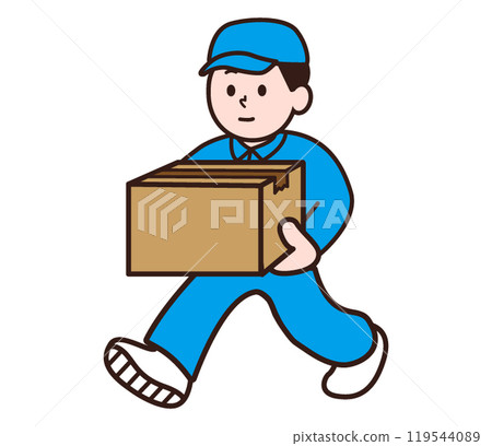 一個穿著工作服的男人拿著紙板 119544089