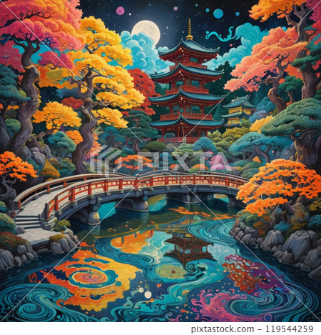 Oil painting of Japanese autumn leaves and Japanese gardens - Traditional architecture 119544259