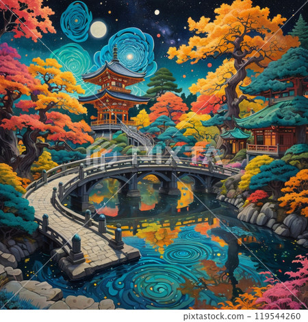 Oil painting of autumn leaves and Japanese gardens 119544260