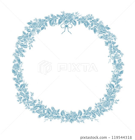 Beautiful floral frame clipart in toile de jouy line art style. Hand drawn flower composition illustration. Vintage retro floral wreath. 119544318