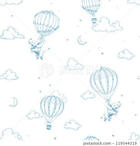 Seamless pattern with cute baby elephant flying in a hot air balloon in toile de jouy retro style. Vintage line art background. Seamless pattern with cute baby elephant flying in a hot air balloon in toile de jouy retro style. Vintage line art background. 119544319