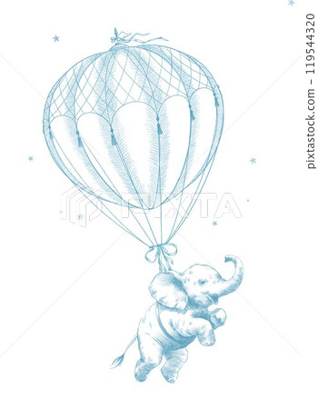 Cute baby elephant flying in a hot air balloon hand drawn illustration in toile de jouy retro style. Vintage line art clipart. Boy version. 119544320