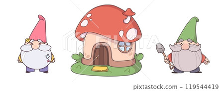 Garden gnomes and mushroom house set Garden gnomes and mushroom house set 119544419