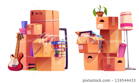 Boxes with house stuff on white background 119544433