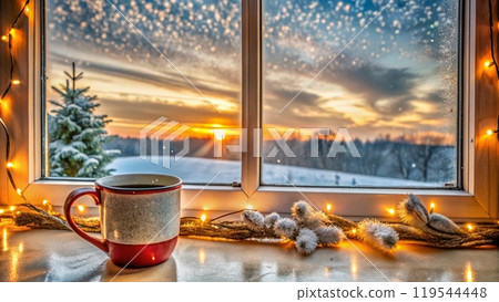 White single tea or coffee mug on window sill. 119544448