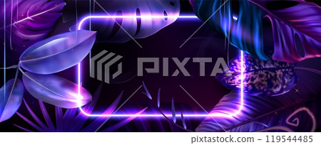 Purple tropical leaves and neon frame for party Purple tropical leaves and neon frame for party 119544485