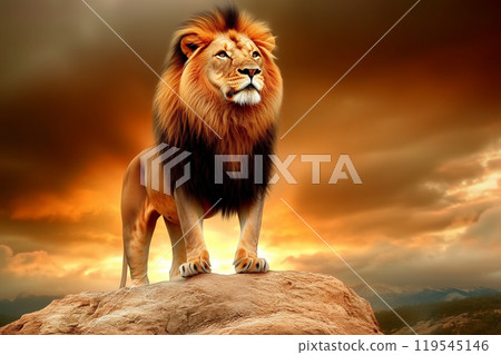 Majestic Lion Standing Proudly on Hilltop at Sunrise 119545146