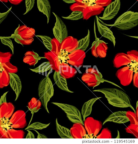 Floral seamless pattern. Vibrant illustration with blooming painted red flowers. Floral seamless pattern. Vibrant illustration with blooming painted red flowers. 119545169