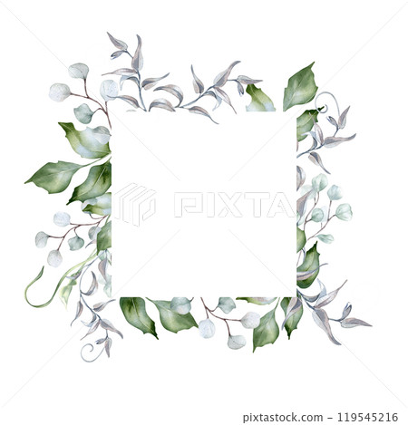 Greenery frame of holly branches delicate watercolor isolated. Foliage border of curly vine and twigs hand drawn in sage green. Bunch leaves for nature design packaging, wedding stationary, card. 119545216