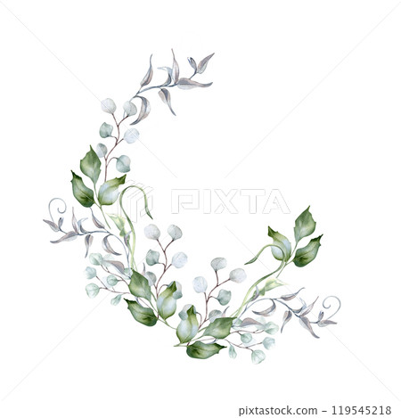 Eucalyptus branches, holly leaves and curly vines in sage green watercolor isolated. Foliage frame in pastel tones hand drawn for design nature product. Delicate green flora wreath for wedding card. 119545218