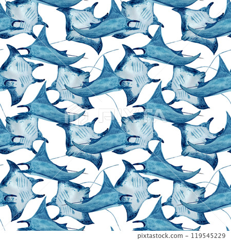 Manta ray busy watercolor seamless pattern isolated on white. High quality hand-drawn monochromatic illustration for notebooks, posters, wallpaper, textile, beach towel, wrapping paper and room decor 119545229