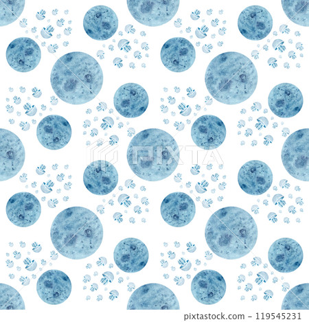 Moon jellyfish abstract watercolor seamless pattern isolated on white. Clip art. High quality hand-drawn blue monochromatic art for textile, wrapping paper, wallpaper, stationary design, room decor Moon jellyfish abstract watercolor seamless pattern isolated on white. Clip art. High quality hand-drawn blue monochromatic art for textile, wrapping paper, wallpaper, stationary design, room decor 119545231