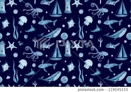 Sea life textured watercolor blue monochromatic seamless pattern on dark blue background. High quality hand-drawn art. Great for textile, souvenirs, posters, wallpaper, wrapping paper, eco design 119545233