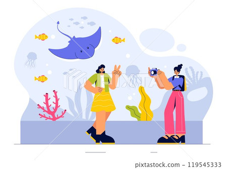 Aquarium Vector Illustration featuring an Underwater Scene with Fish Observation, Sea Animals, and Various Marine Flora and Fauna in a Background 119545333