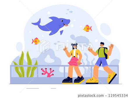 Aquarium Vector Illustration featuring an Underwater Scene with Fish Observation, Sea Animals, and Various Marine Flora and Fauna in a Background 119545334