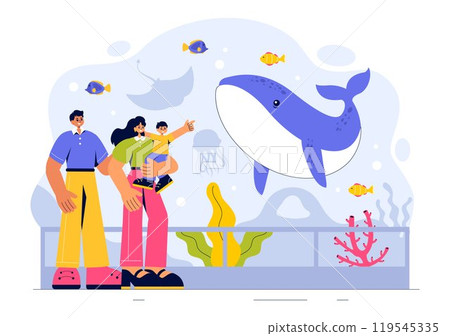 Aquarium Vector Illustration featuring an Underwater Scene with Fish Observation, Sea Animals, and Various Marine Flora and Fauna in a Background 119545335