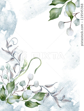 Border with pastel leaves eucalyptus on light blue watercolor stains isolated. Branches holly dusty green on leafy frame hand drawn. Twigs vine, liana for greenery design wedding, template. Border with pastel leaves eucalyptus on light blue watercolor stains isolated. Branches holly dusty green on leafy frame hand drawn. Twigs vine, liana for greenery design wedding, template. 119545368