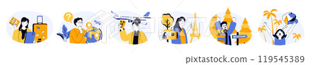 Travel concept set with characters in flat design for web. People with luggage flying in vacation trip, enjoying and sightseeing landmarks, hiking and trekking, rest by sea. Vector illustrations. Travel concept set with characters in flat design for web. People with luggage flying in vacation trip, enjoying and sightseeing landmarks, hiking and trekking, rest by sea. Vector illustrations. 119545389