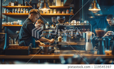 Barista preparing coffee in cafe. Professional barista working in coffee shop. 119545397