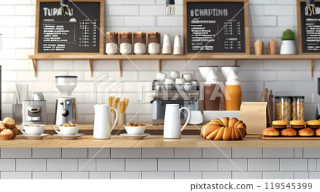 Coffee shop interior with coffee machine, 3d render illustration 119545399