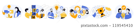 Teamwork concept set with characters in flat design for web. People working together, brainstorming and finding ideas, supporting partners, developing success business project. Vector illustrations. 119545410