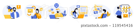 Social media concept set with characters in flat design for web. People promoting blog with marketing tools, watching live broadcasting and videos, attracting new followers. Vector illustrations. Social media concept set with characters in flat design for web. People promoting blog with marketing tools, watching live broadcasting and videos, attracting new followers. Vector illustrations. 119545416